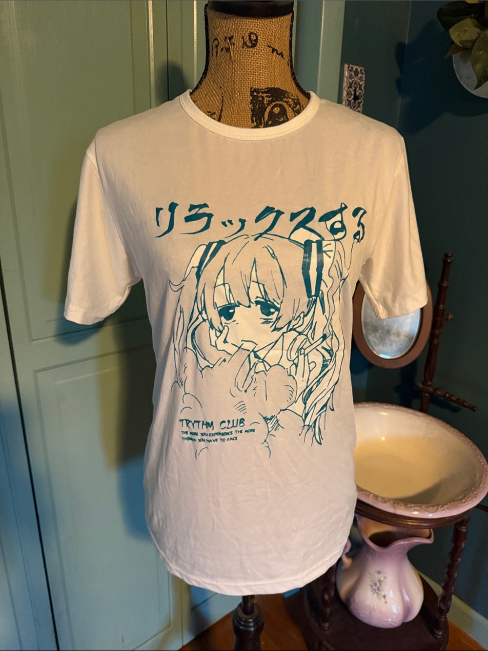 White Graphic Anime Tee with Teal Print - Women's Short Sleeve